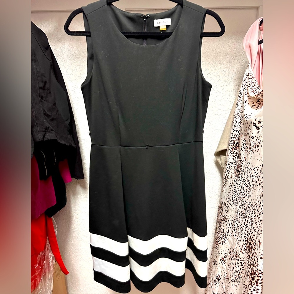 Calvin Klein Black and white sleeveless dress, fitted top with A-line skirt